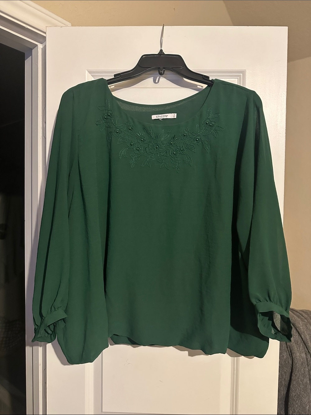 Chico's Dark Green Embroidered Scoop-Neck Blouse